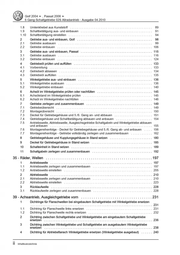 VW Golf 5 1K 2003-2008 6 Gang Schaltgetriebe 02S Allrad Reparaturanleitung PDF