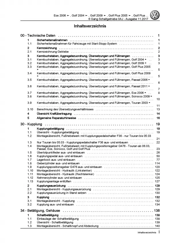 VW Golf 5 1K 2003-2008 6 Gang Schaltgetriebe Kupplung 0AJ Reparaturanleitung PDF