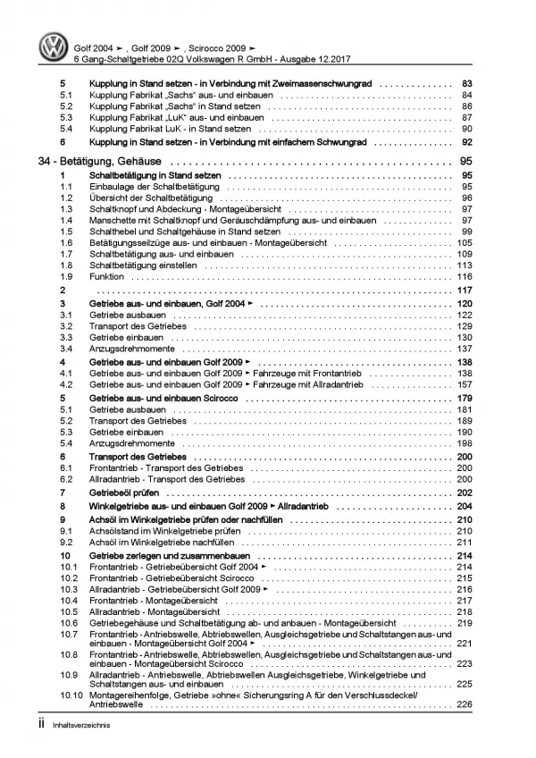 VW Golf 5 1K (03-08) 6 Gang Schaltgetriebe 02Q R-Modell Reparaturanleitung PDF