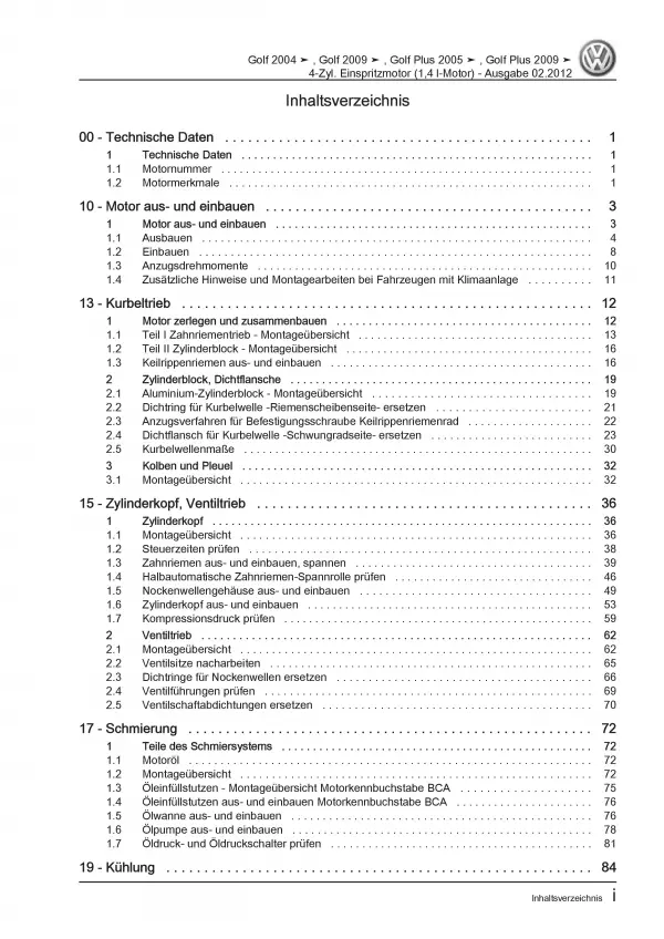 VW Golf 5 Typ 1K (03-08) 4-Zyl. 1,4l Benzinmotor 75-80 PS Reparaturanleitung PDF