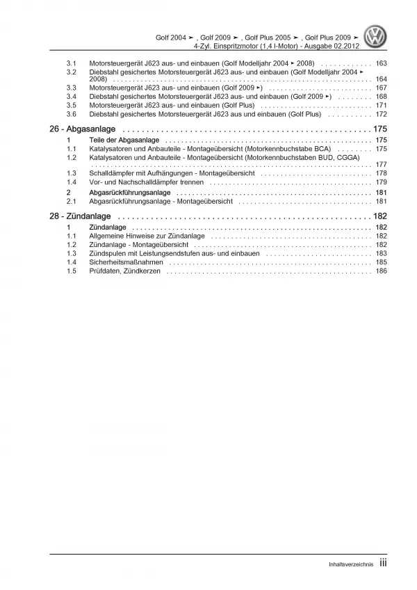 VW Golf 5 Typ 1K (03-08) 4-Zyl. 1,4l Benzinmotor 75-80 PS Reparaturanleitung PDF