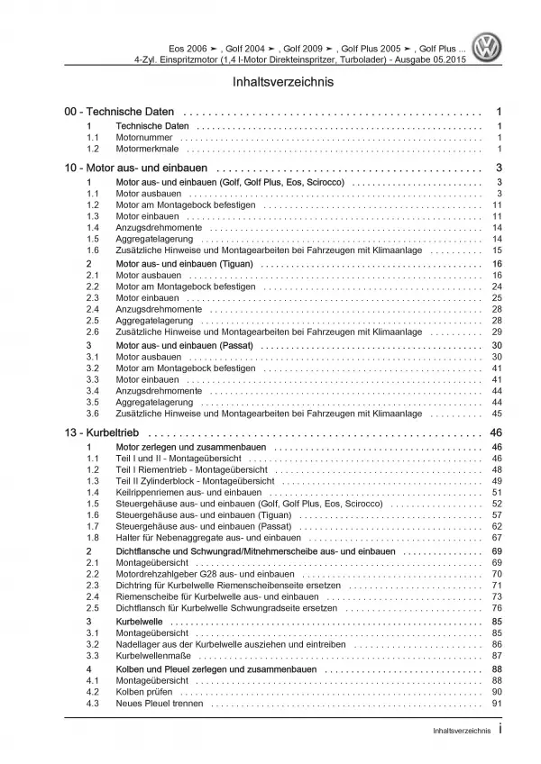 VW Golf 5 1K (03-08) 4-Zyl. 1,4l Benzinmotor TFSI 122 PS Reparaturanleitung PDF