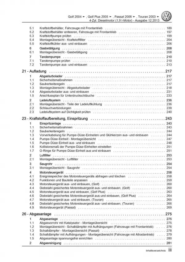 VW Golf 5 Typ 1K (03-08) 1,9l Dieselmotor TDI 90-105 PS Reparaturanleitung PDF