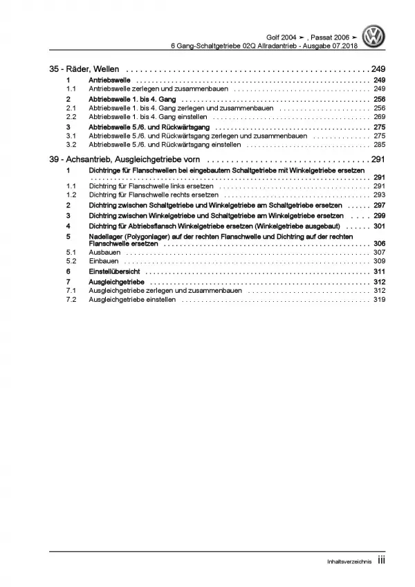 VW Golf 5 1K (03-08) 6 Gang Schaltgetriebe 02Q Allrad Reparaturanleitung PDF