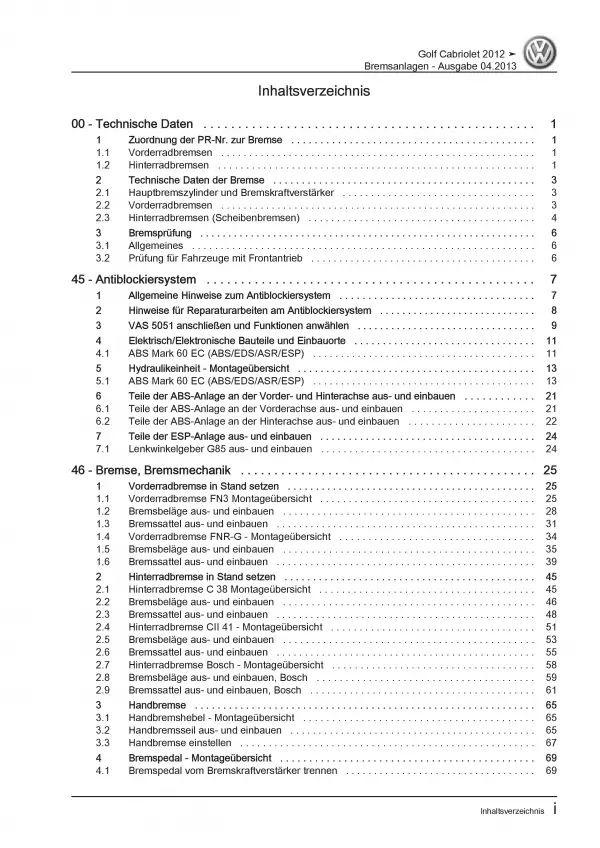 VW Golf 6 Cabriolet (11-16) Bremsanlagen Bremsen System Reparaturanleitung PDF