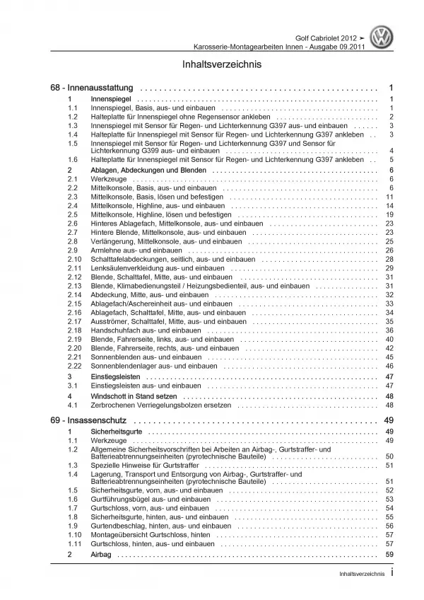 VW Golf 6 Cabriolet Karosserie Montagearbeiten Innen Reparaturanleitung PDF