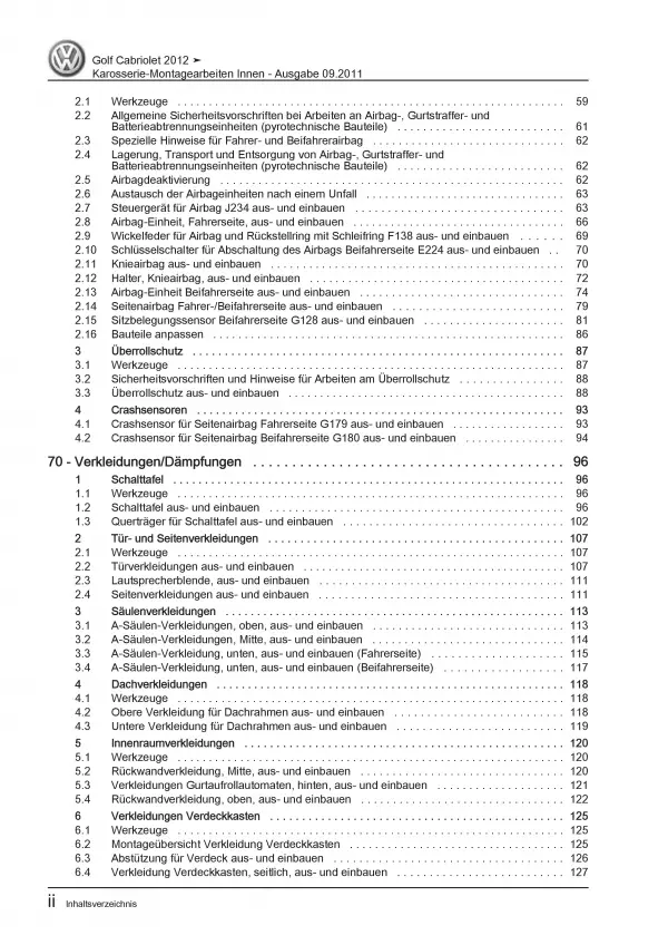 VW Golf 6 Cabriolet Karosserie Montagearbeiten Innen Reparaturanleitung PDF