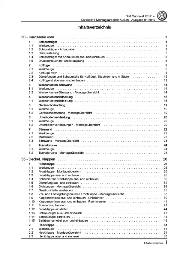 VW Golf 6 Cabriolet Karosserie Montagearbeiten Außen Reparaturanleitung PDF