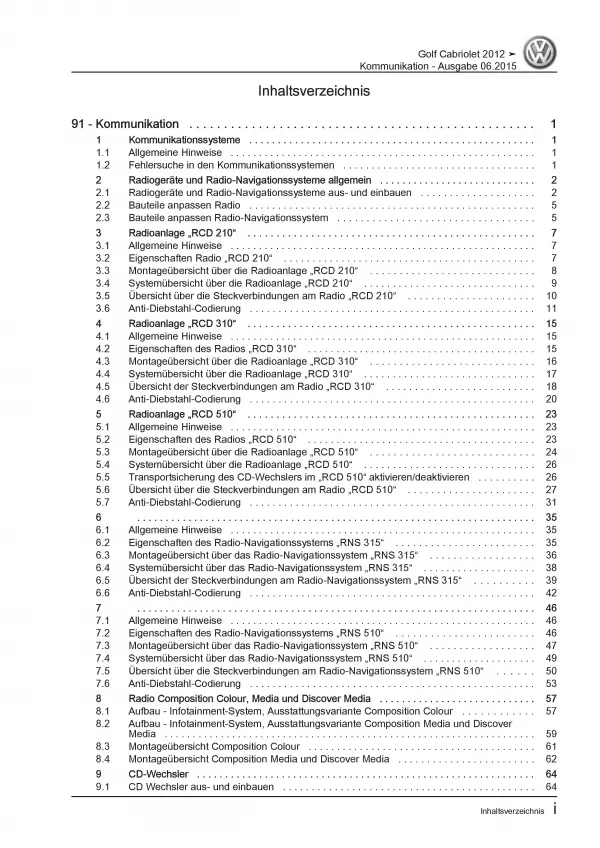 VW Golf 6 Cabriolet Radio Navigation Kommunikation Reparaturanleitung PDF