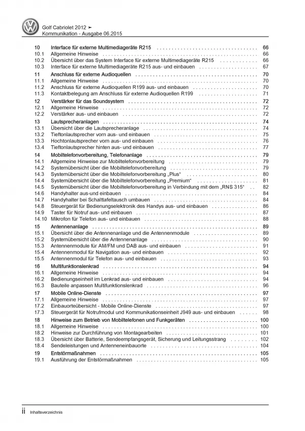 VW Golf 6 Cabriolet Radio Navigation Kommunikation Reparaturanleitung PDF