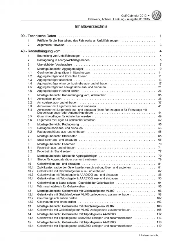 VW Golf 6 Cabriolet 2011-2016 Fahrwerk Achsen Lenkung Reparaturanleitung PDF