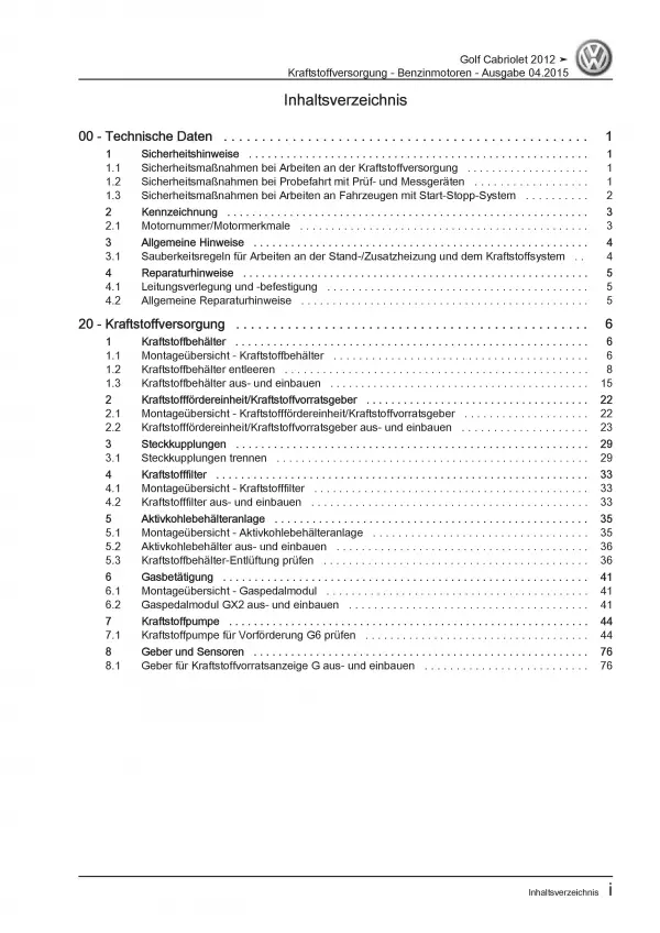 VW Golf 6 Cabriolet (11-16) Kraftstoffversorgung Benzin Reparaturanleitung PDF