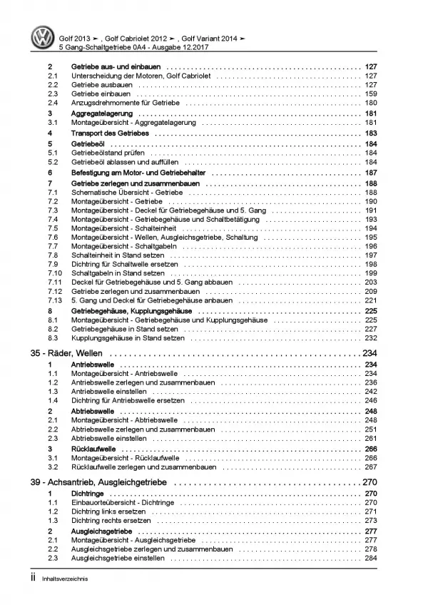 VW Golf 6 Cabriolet 517 (11-16) 5 Gang Schaltgetriebe 0A4 Reparaturanleitung PDF