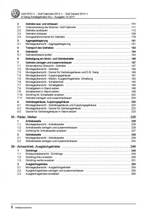 VW Golf 6 Cabriolet 517 (11-16) 6 Gang Schaltgetriebe 0AJ Reparaturanleitung PDF