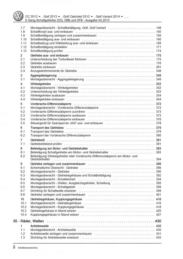 VW Golf 6 Cabriolet 6 Gang Schaltgetriebe 02Q 0BB 0FB Reparaturanleitung PDF