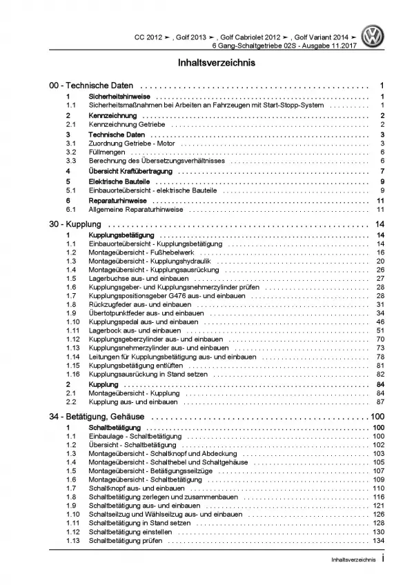 VW Golf 6 Cabriolet 517 (11-16) 6 Gang Schaltgetriebe 02S Reparaturanleitung PDF