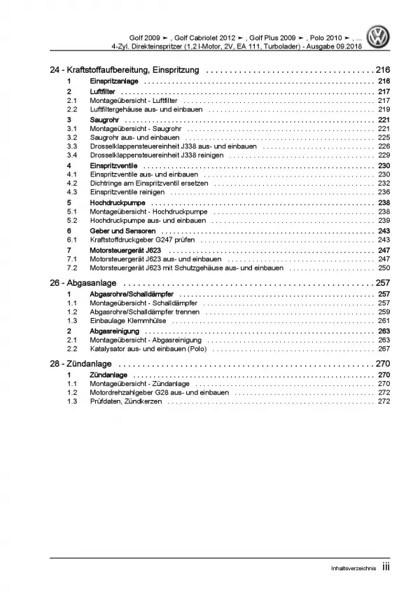 VW Golf 6 Cabriolet 4-Zyl. 1,2l Benzinmotor 86-105 PS Reparaturanleitung PDF