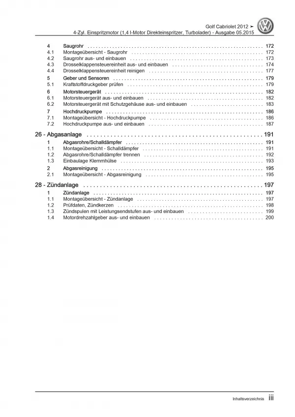 VW Golf 6 Cabrio 2011-2016 4-Zyl. 1,4l Benzinmotor 122 PS Reparaturanleitung PDF