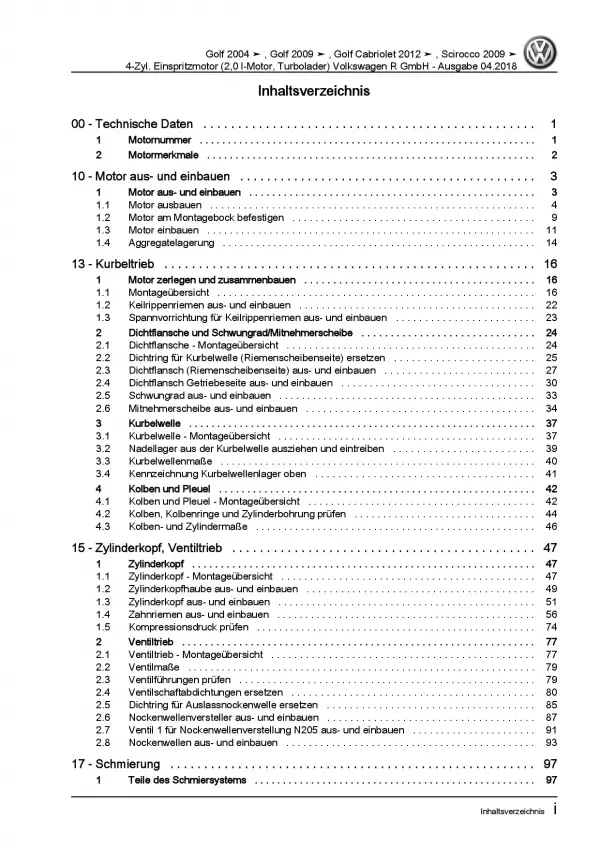 VW Golf 6 Cabriolet 4-Zyl. 2,0l Benzinmotor 230-271 PS Reparaturanleitung PDF