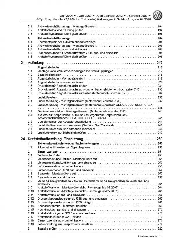 VW Golf 6 Cabriolet 4-Zyl. 2,0l Benzinmotor 230-271 PS Reparaturanleitung PDF