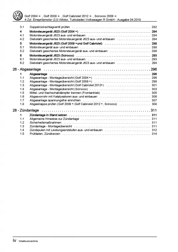 VW Golf 6 Cabriolet 4-Zyl. 2,0l Benzinmotor 230-271 PS Reparaturanleitung PDF