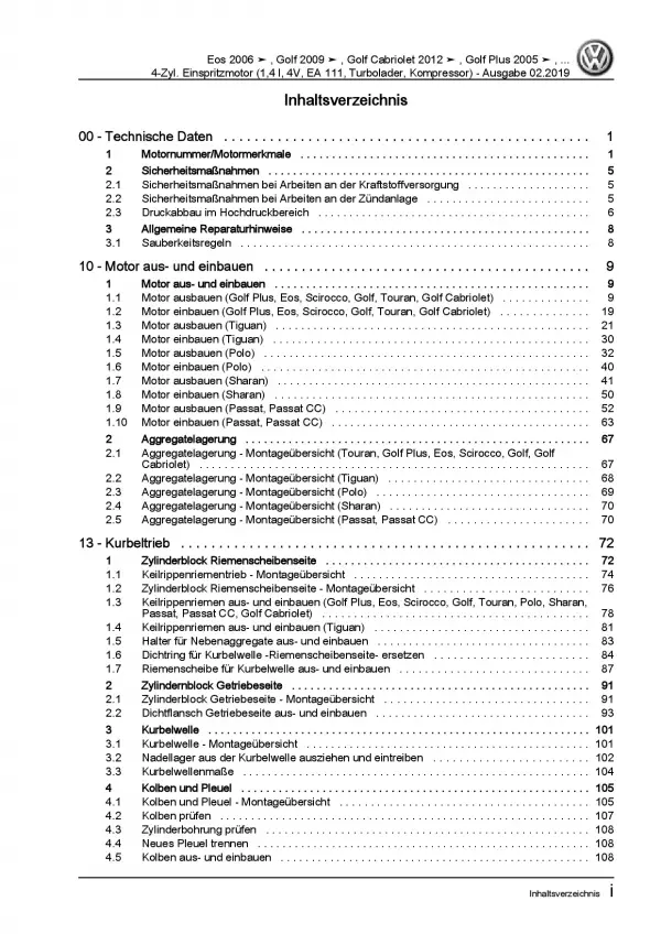 VW Golf 6 Cabriolet 4-Zyl. 1,4l Benzinmotor 140-180 PS Reparaturanleitung PDF