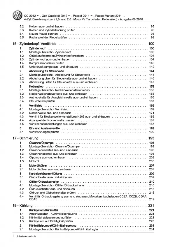 VW Golf 6 Cabriolet (11-16) 1,8l 2,0l Benzinmotor 152-211 PS Reparaturanleitung