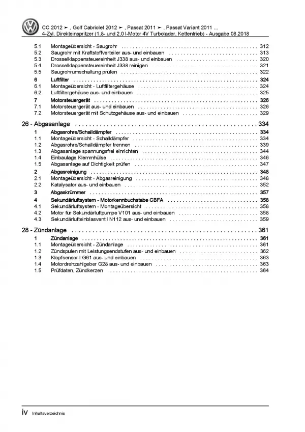 VW Golf 6 Cabriolet (11-16) 1,8l 2,0l Benzinmotor 152-211 PS Reparaturanleitung