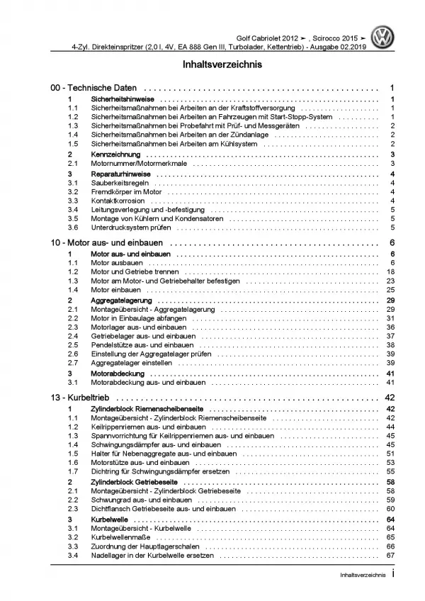 VW Golf 6 Cabriolet 2,0l Benzinmotor TFSI 180-220 PS Reparaturanleitung PDF