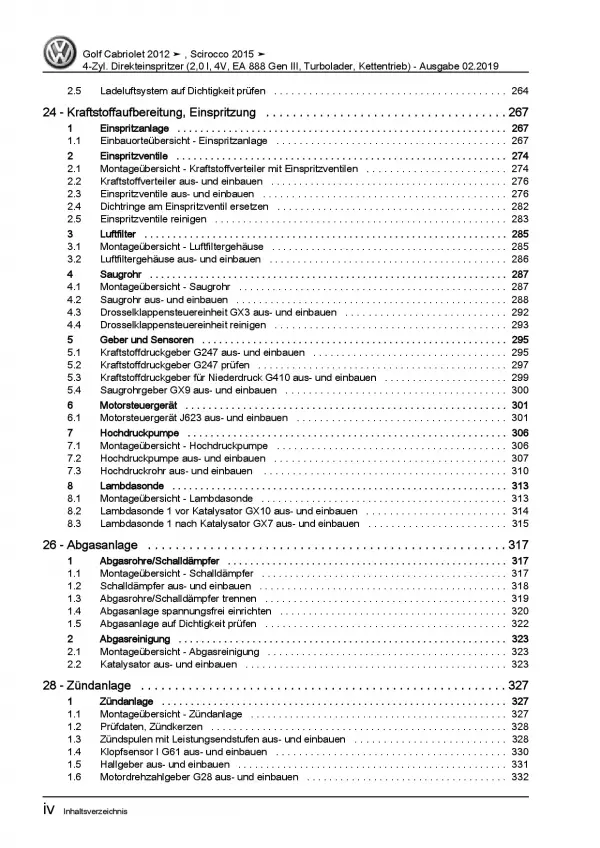 VW Golf 6 Cabriolet 2,0l Benzinmotor TFSI 180-220 PS Reparaturanleitung PDF