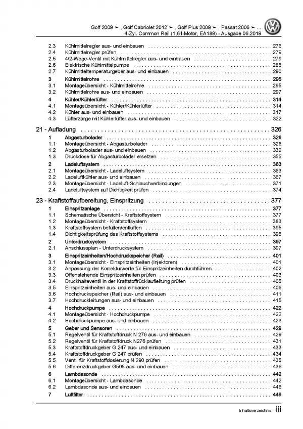 VW Golf 6 Cabriolet 4-Zyl. 1,6l Dieselmotor 75-105 PS Reparaturanleitung PDF