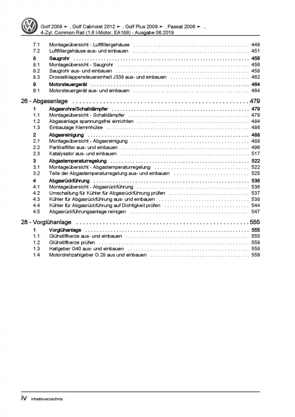 VW Golf 6 Cabriolet (11-16) 4-Zyl. 1,6l Dieselmotor 75-105 PS Reparaturanleitung