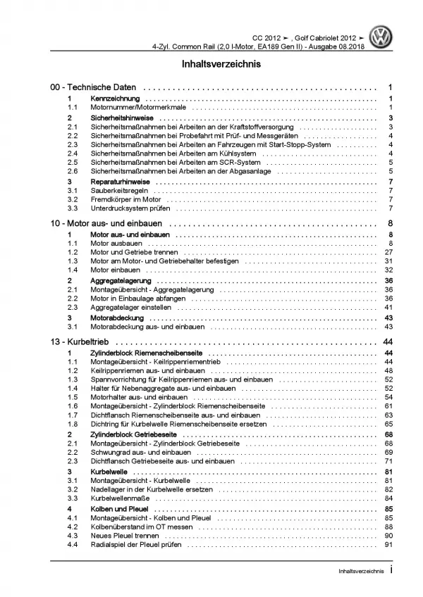 VW Golf 6 Cabriolet 4-Zyl. 1,6l Dieselmotor 136-177 PS Reparaturanleitung PDF