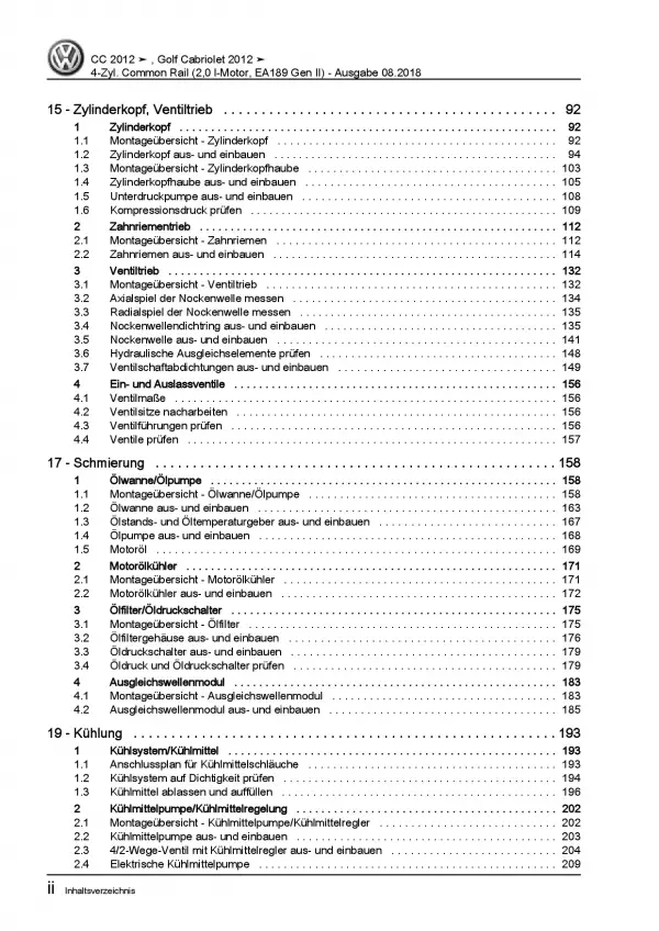 VW Golf 6 Cabriolet 4-Zyl. 1,6l Dieselmotor 136-177 PS Reparaturanleitung PDF