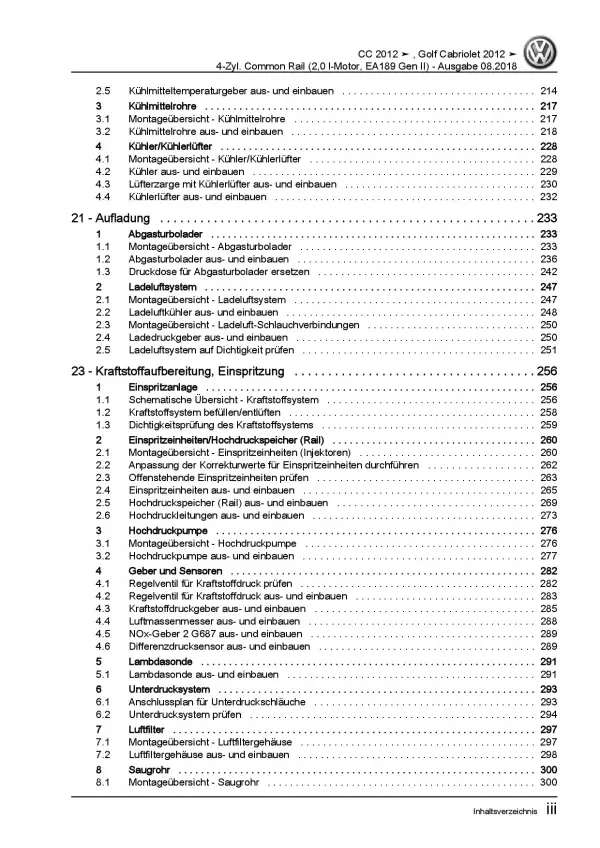 VW Golf 6 Cabriolet 4-Zyl. 1,6l Dieselmotor 136-177 PS Reparaturanleitung PDF