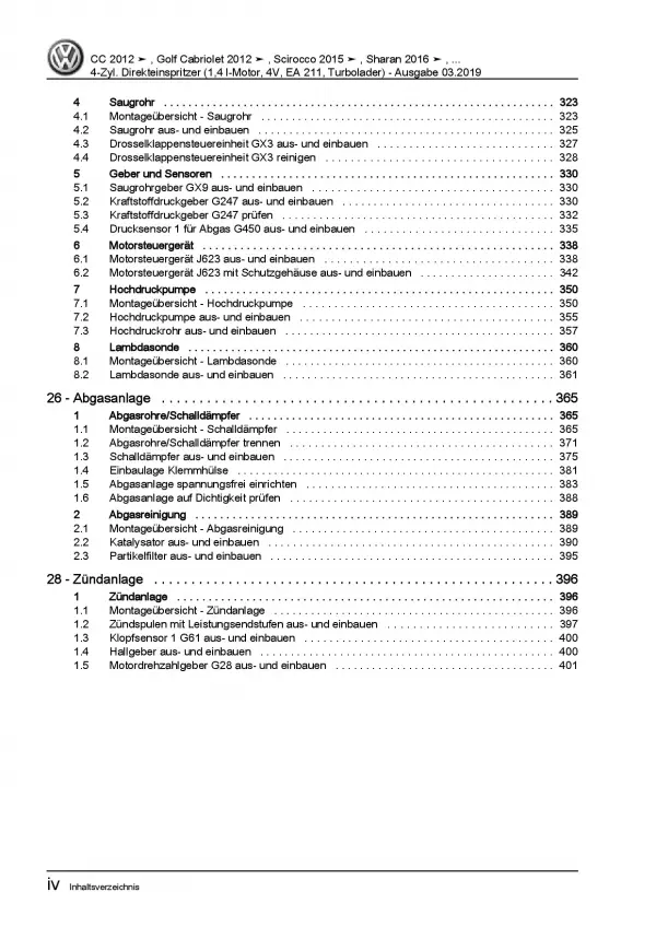 VW Golf 6 Cabrio (11-16) 4-Zyl. 1,4l Benzinmotor 125-150 PS Reparaturanleitung