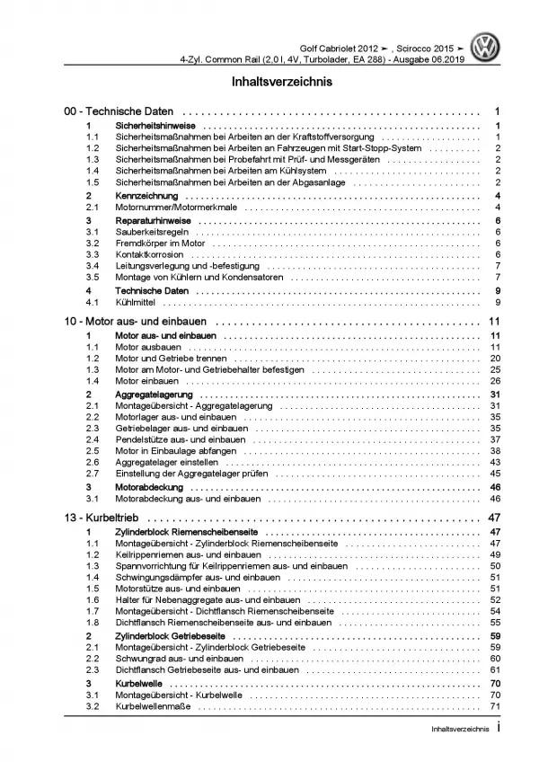 VW Golf 6 Cabriolet 4-Zyl. 2,0l Dieselmotor 110-184 PS Reparaturanleitung PDF