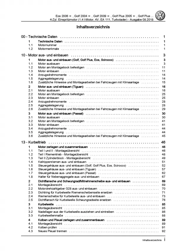 VW Golf 6 1K/5K 2008-2012 4-Zyl. 1,4l Benzinmotor 122 PS Reparaturanleitung PDF