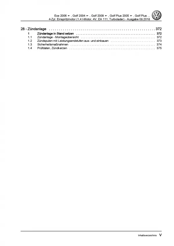 VW Golf 6 1K/5K 2008-2012 4-Zyl. 1,4l Benzinmotor 122 PS Reparaturanleitung PDF