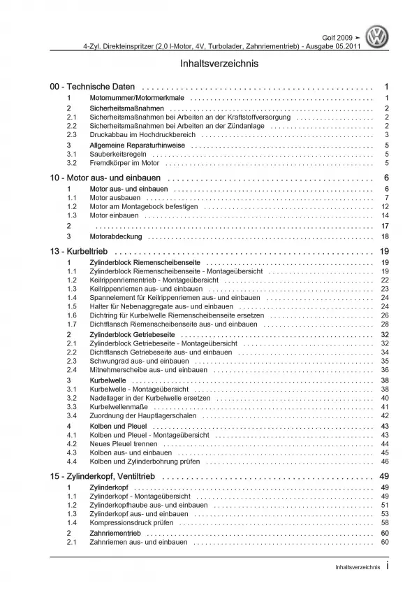 VW Golf 6 1K/5K 2008-2012 4-Zyl. 2,0l Benzinmotor 235 PS Reparaturanleitung PDF