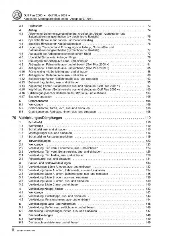 VW Golf 5 Plus 2003-2008 Karosserie Montagearbeiten Innen Reparaturanleitung PDF