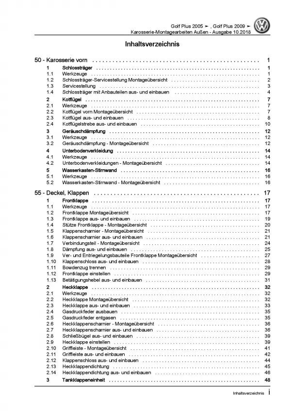 VW Golf 5 Plus 2003-2008 Karosserie Montagearbeiten Außen Reparaturanleitung PDF