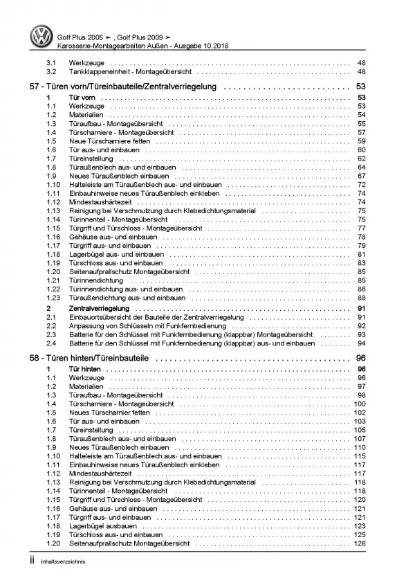 VW Golf 5 Plus 2003-2008 Karosserie Montagearbeiten Außen Reparaturanleitung PDF