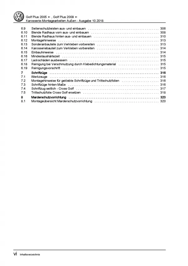 VW Golf 5 Plus 2003-2008 Karosserie Montagearbeiten Außen Reparaturanleitung PDF