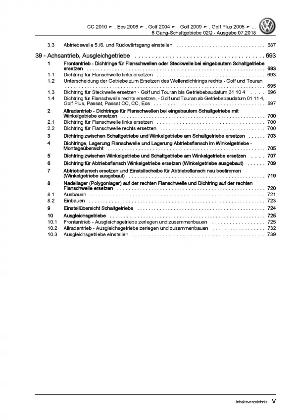 VW Golf 5 Plus 5M 2003-2008 6 Gang Schaltgetriebe 02Q Reparaturanleitung PDF