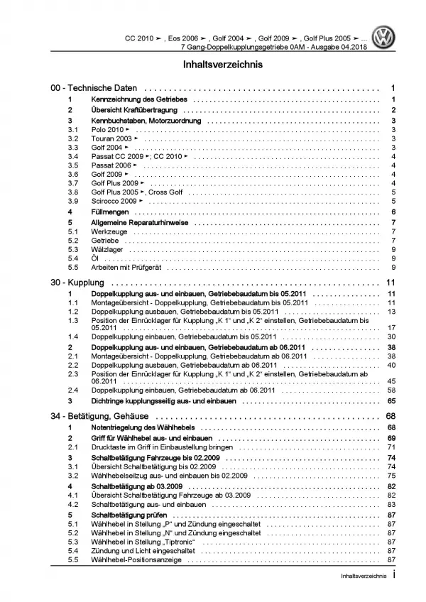 VW Golf 5 Plus (03-08) 7 Gang Automatikgetriebe DKG 0AM Reparaturanleitung PDF