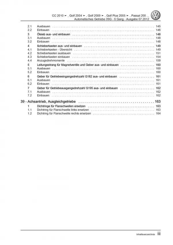 VW Golf 5 Plus 5M 2003-2008 6 Gang 0CT Automatikgetriebe Reparaturanleitung PDF