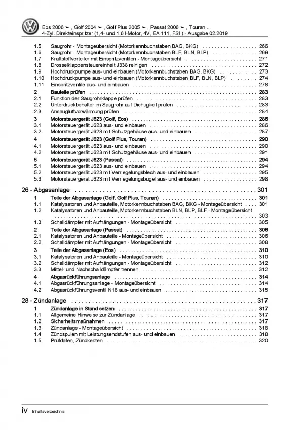 VW Golf 5 Plus 5M (03-08) 1,4l 1,6l Benzinmotor 90-115 PS Reparaturanleitung PDF