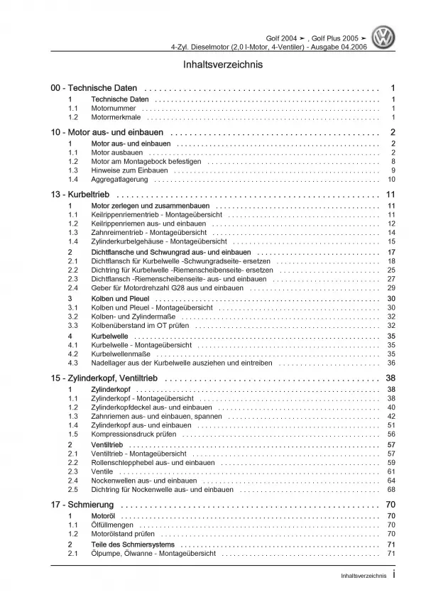 VW Golf 5 Plus Typ 5M (03-08) 2,0l Dieselmotor TDI 136-170 PS Reparaturanleitung