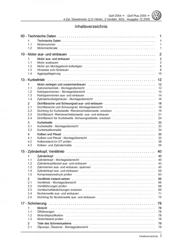 VW Golf 5 Plus 5M 2003-2008 4-Zyl. 2,0l Dieselmotor 75 PS Reparaturanleitung PDF